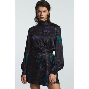 ZARA NWT Floral Printed  High Collar Jacquard Dress Black XS